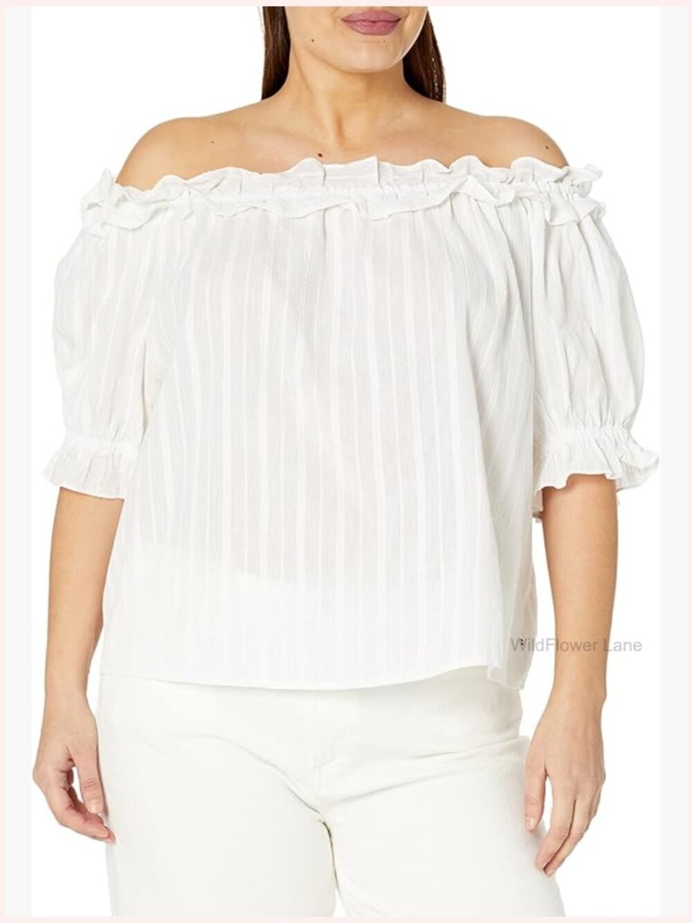 Ruffle Off Shoulder Blouse - Button Front, Cotton, Regular Fit